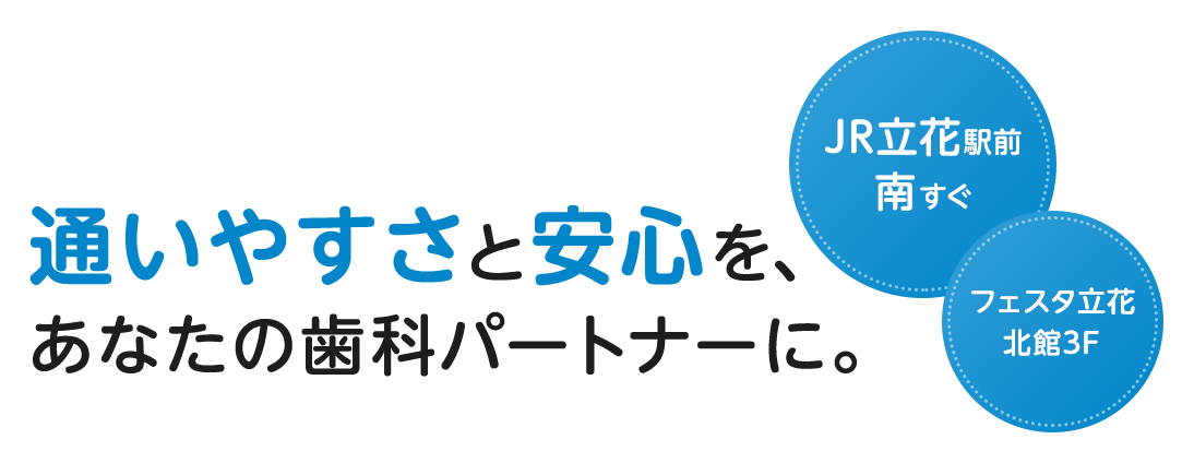通いやすさと安心を、あなたの歯科パートナーに。JR立花駅前南すぐ フェスタ立花北館3F